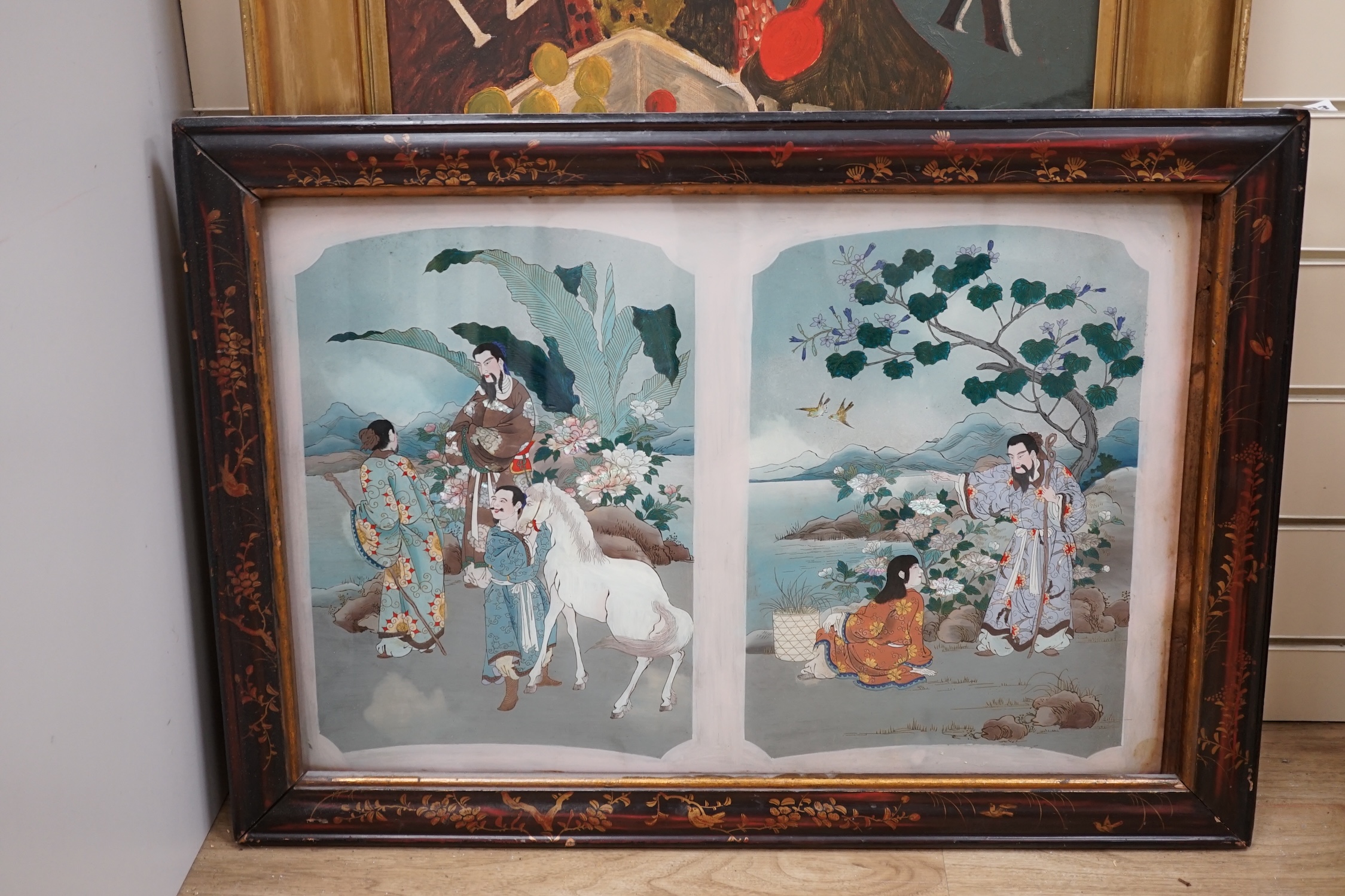 20th century Japanese School, reverse glass painted picture, Figures before landscapes, overall 39 x 59cm, housed in a painted lacquered frame. Condition - fair to good